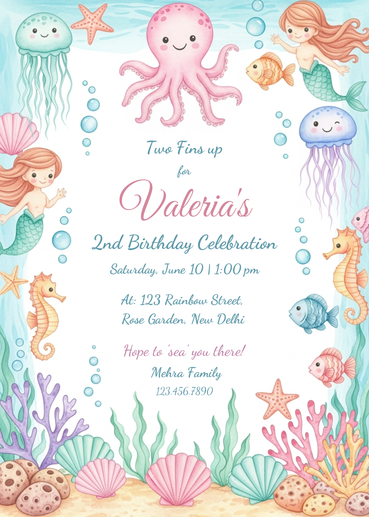 A watercolor-style children's birthday invitation featuring mermaids, a pink octopus, jellyfish, seahorses, and shells with space for event details.