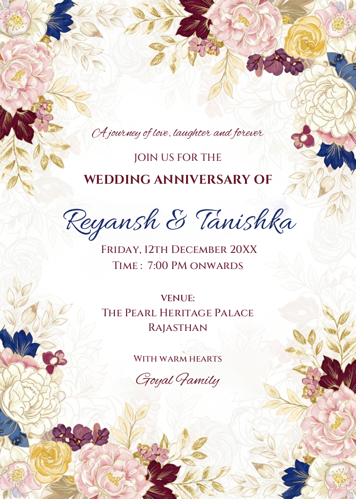 A wedding anniversary invitation e-card featuring large watercolor flowers in pink, burgundy, and blue, with gold foliage accents and space for event details.