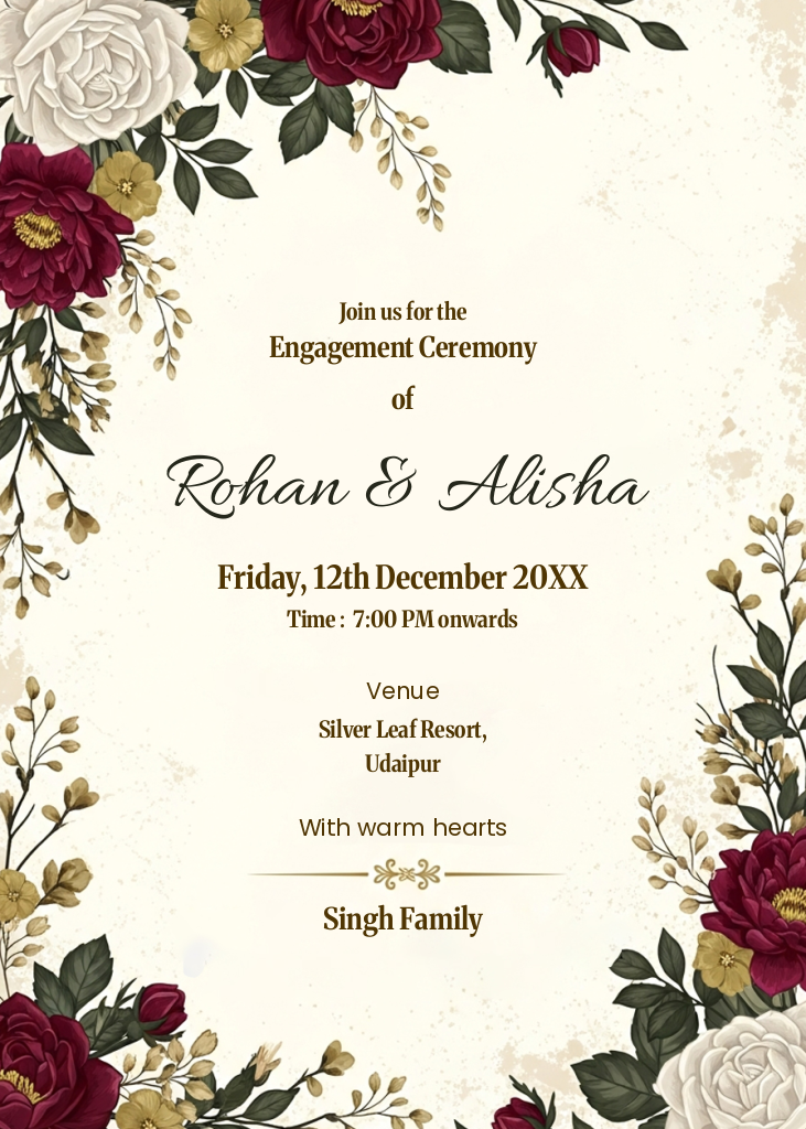 Digital engagement invitation card with deep red and white flowers framing the edges and text announcing the engagement ceremony of Rohan & Alisha.