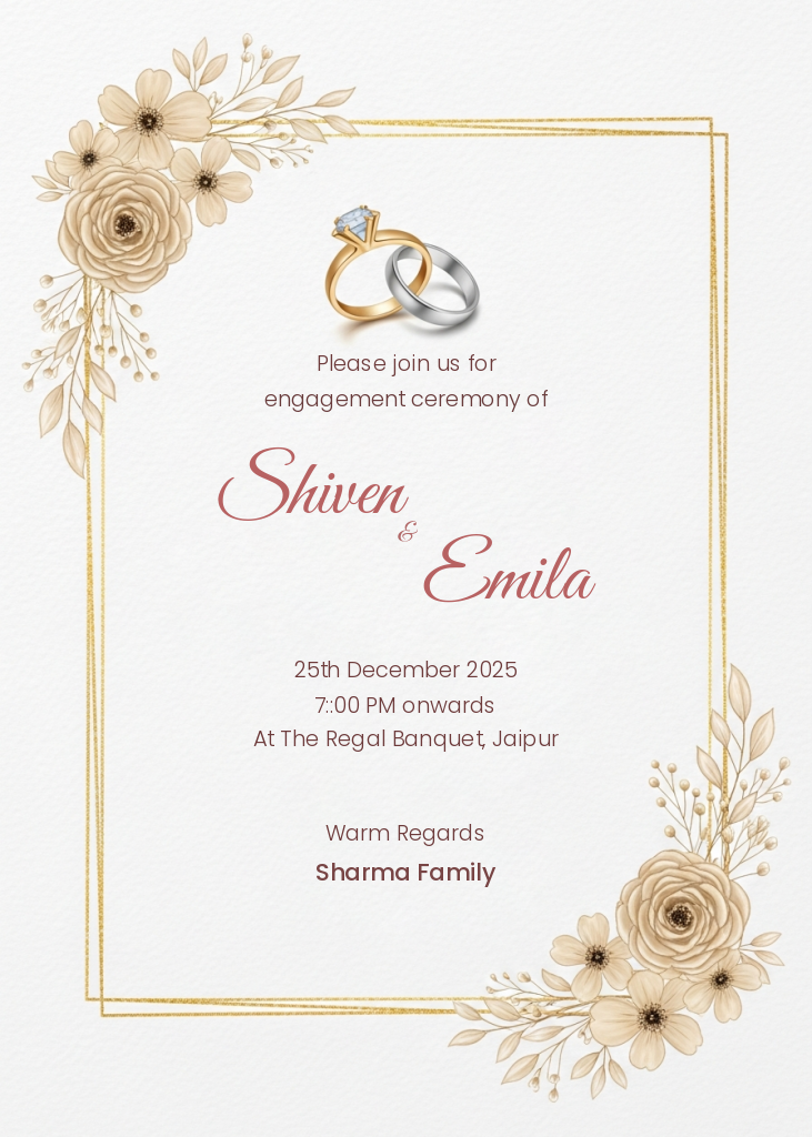 An engagement ceremony invitation e-card featuring two intertwined wedding rings, soft beige and gold floral accents, and a double gold rectangular border on a white textured background.