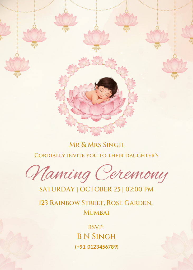 A digital invitation card for a daughter's naming ceremony, featuring a sleeping baby nestled in a pink lotus flower surrounded by hanging pink lotus lanterns on a cream background.