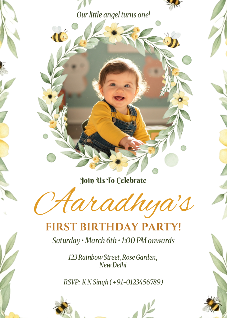 sweet bee first birthday ecard
