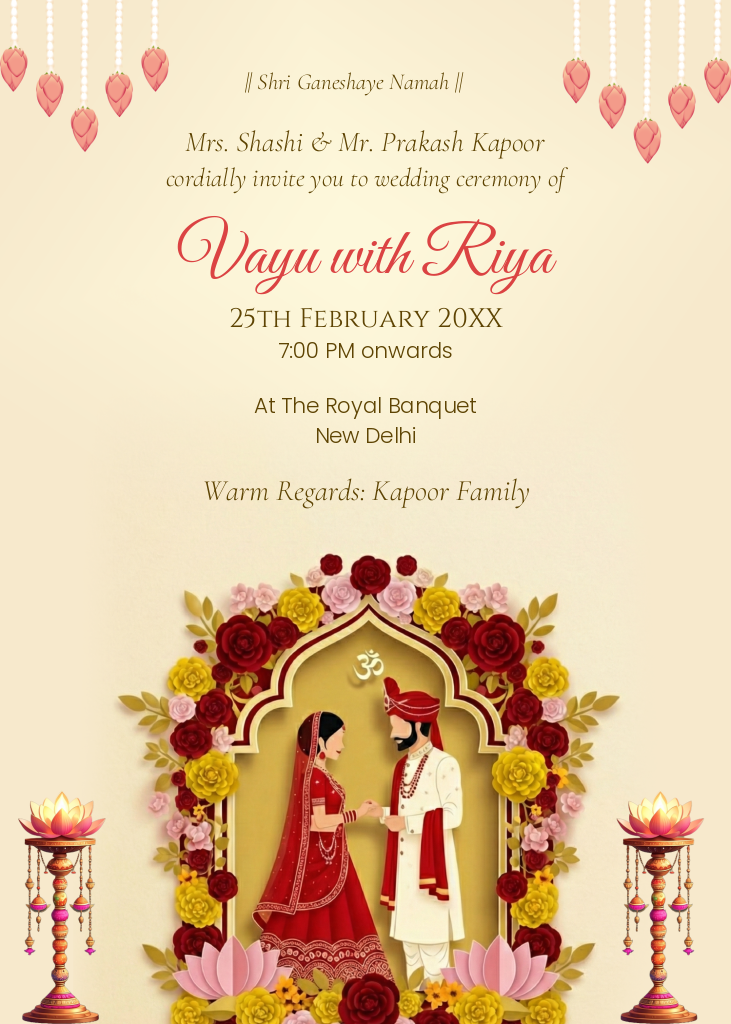 An ornate Indian wedding invitation e-card featuring a bride and groom in traditional red and white attire under a floral arch, flanked by lotus lamps.