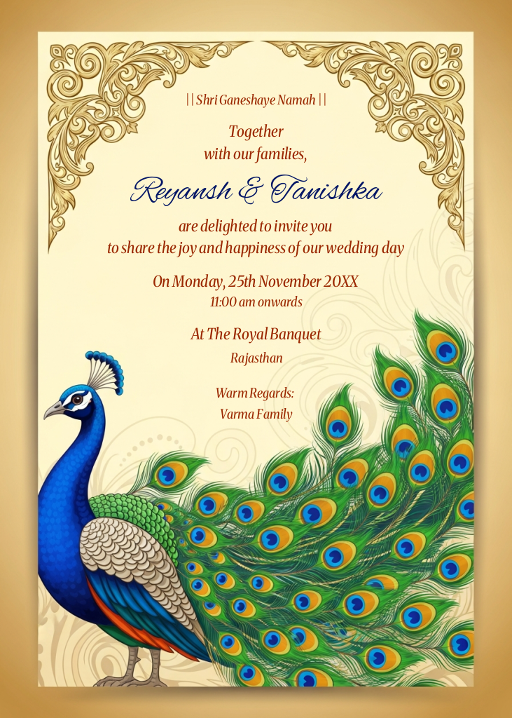 A digital wedding invitation featuring a large, colorful peacock with its tail fanned out, ornate golden corner designs, and placeholder text for names and event details.