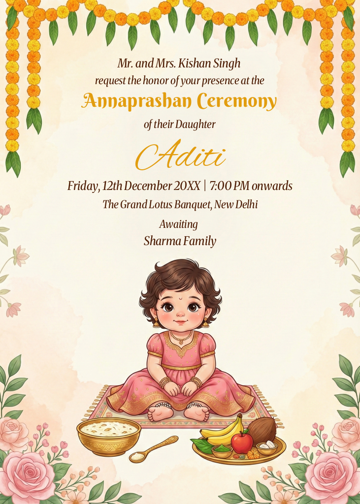 An Annaprashan invitation e-card featuring a cute illustration of a baby girl in a pink dress seated near a bowl of porridge and fruits, framed by marigold garlands and pink roses.