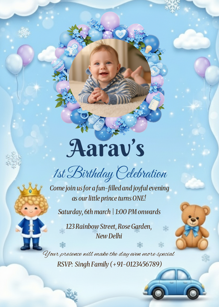 A personalized 1st birthday invitation e-card for a baby boy, featuring a photo surrounded by blue and lavender balloons, a little prince illustration, a teddy bear, and a blue background with clouds and snowflakes.