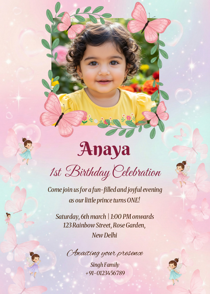A portrait-oriented birthday invitation e-card with a central photo placeholder surrounded by pink butterflies and greenery, featuring pink and maroon text for a 1st Birthday Celebration.