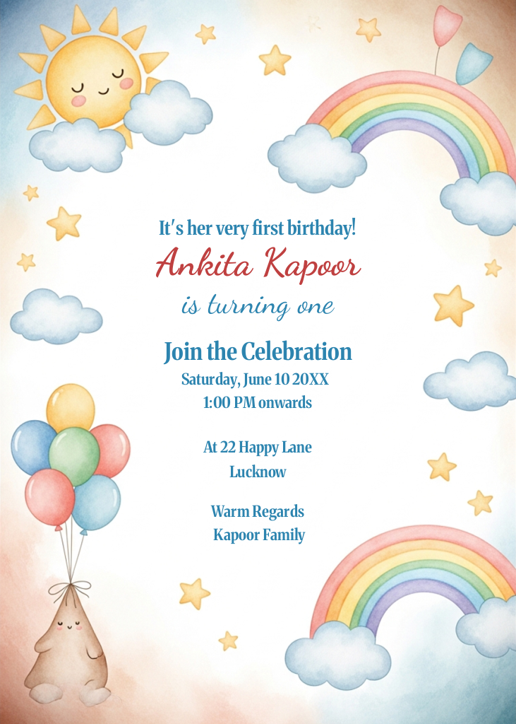 A whimsical watercolor first birthday invitation featuring a smiling sun, clouds, rainbows, balloons, and text fields for event details.