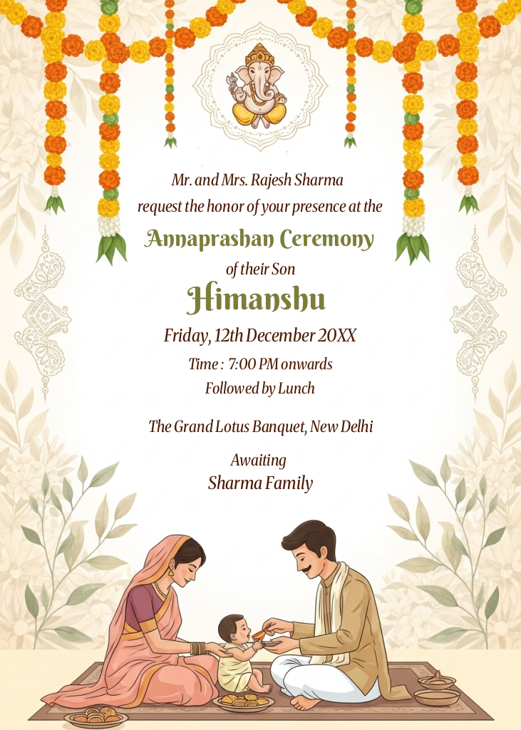 An Indian Annaprashan Ceremony invitation e-card featuring a family feeding a baby, with Ganesh illustration and marigold garlands.