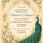 An elegant engagement ceremony invitation card featuring a large blue and green peacock, cream-colored roses, and Mughal-style architectural borders on a pale yellow background.