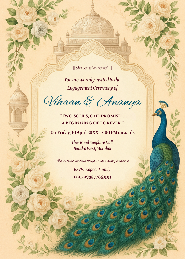 An elegant engagement ceremony invitation card featuring a large blue and green peacock, cream-colored roses, and Mughal-style architectural borders on a pale yellow background.