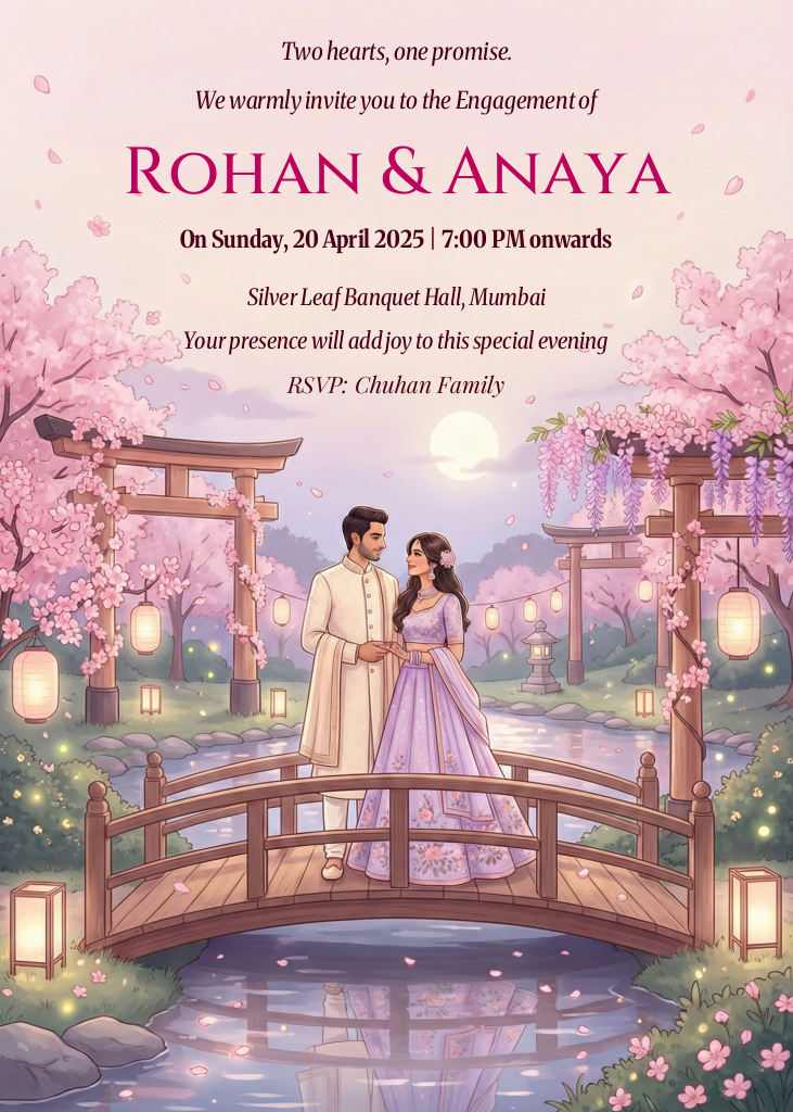 A beautifully illustrated engagement invitation card featuring a couple standing on a wooden bridge in a serene garden filled with pink cherry blossoms, lanterns, and a moonlit sky.