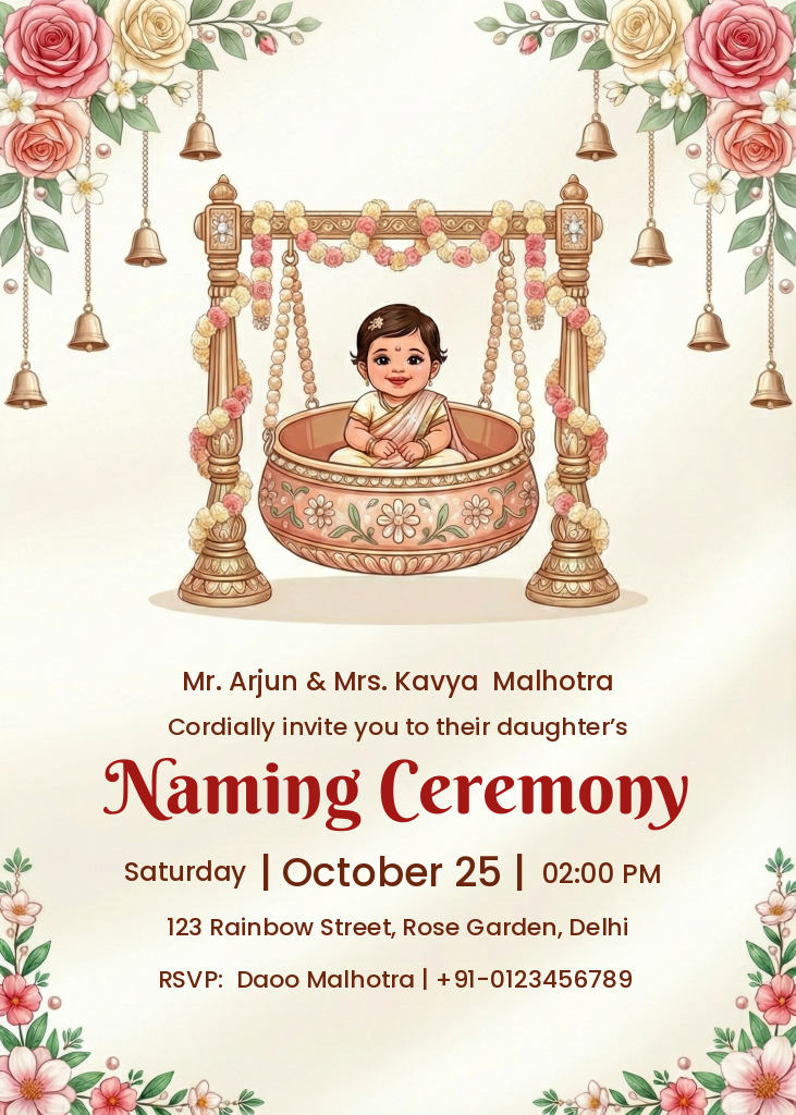 A digital naming ceremony invitation card featuring a smiling baby girl in a decorated swing (jhula), framed by pink and white roses and hanging golden bells. Text indicates an invitation for a Naming Ceremony.