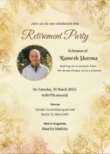 Retirement Digital Invitation with Gold Floral Circular Photo Frame