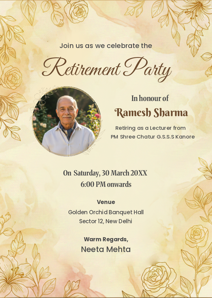 An elegant retirement party invitation e-card featuring a central photo placeholder of a man, surrounded by gold-lined floral borders and text celebrating the retirement party of Ramesh Sharma.