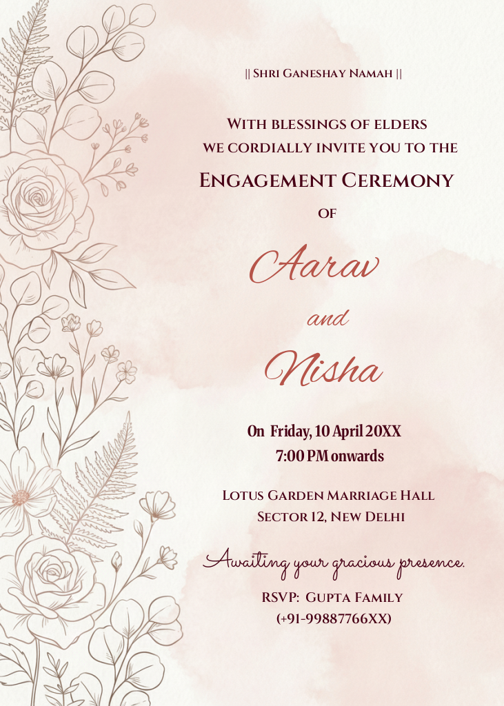 An engagement ceremony invitation e-card with a soft pink watercolor background, featuring a border of line-art flowers and foliage, and details for the engagement of Aarav and Nisha.