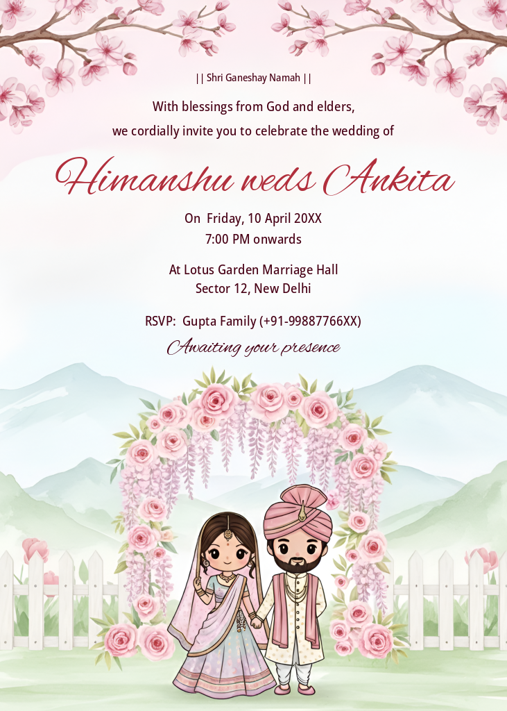 A digital wedding invitation featuring watercolor pink flowers, a mountain background, a white picket fence, and cute chibi-style avatars of an Indian bride and groom standing under a rose arch.