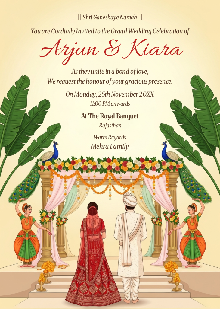 A vibrant, traditional Indian wedding invitation e-card featuring a bride and groom from behind under a decorated mandap, flanked by dancers and peacocks, with space for event details.
