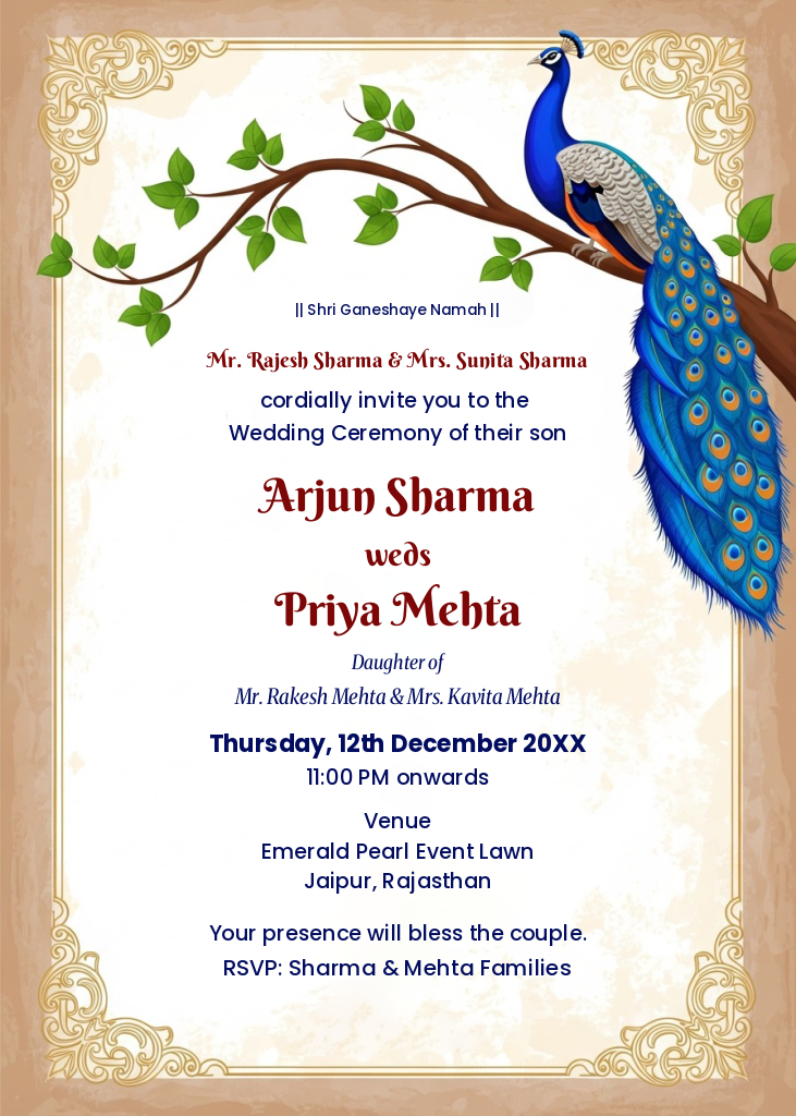 A traditional Indian wedding invitation e-card featuring a large blue peacock on a branch, ornate golden border, and text announcing the wedding of Arjun Sharma and Priya Mehta.