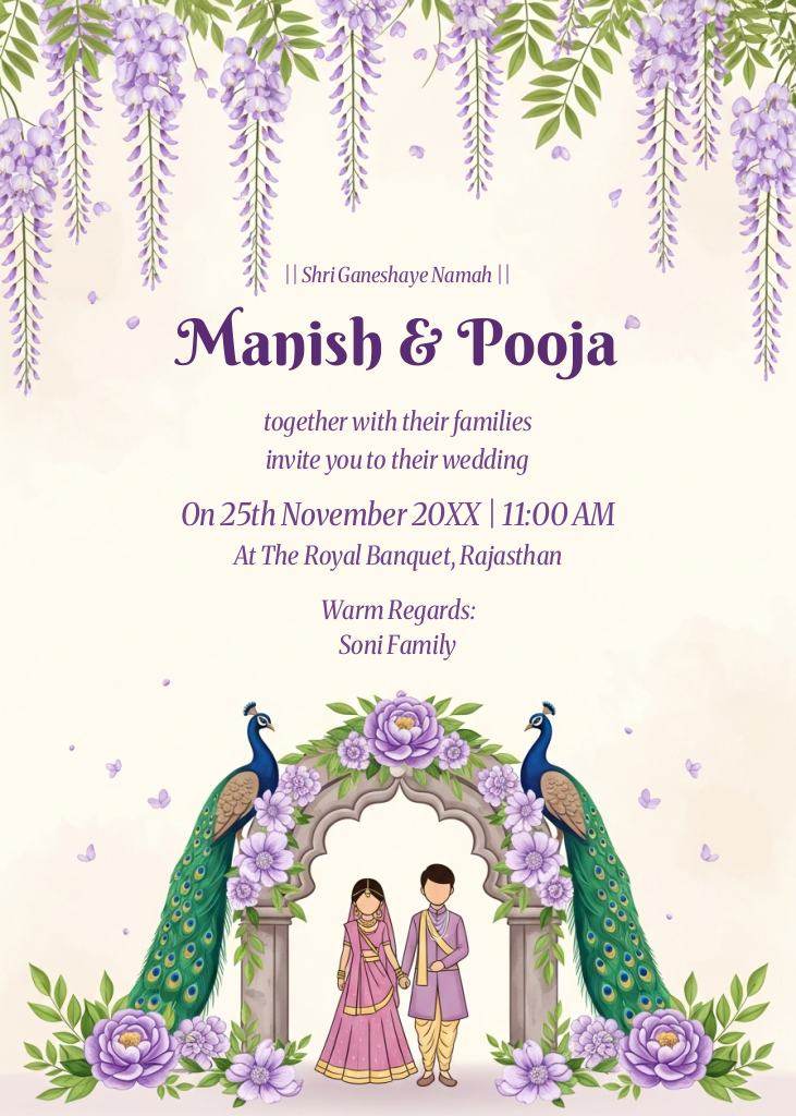 An elegant digital wedding invitation card featuring purple wisteria flowers, two peacocks flanking an archway, and cartoon illustrations of a bride and groom in traditional Indian attire.