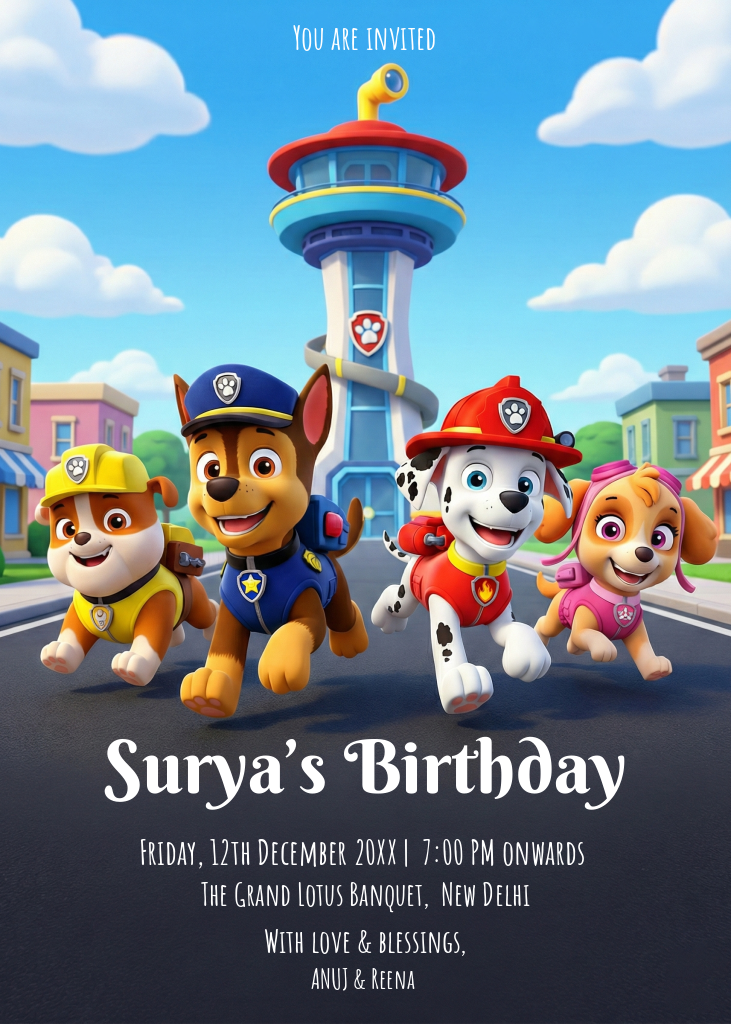 A vibrant birthday invitation e-card featuring the Paw Patrol characters Chase, Marshall, Rubble, and Skye in front of the Lookout Tower against a blue sky with white clouds.
