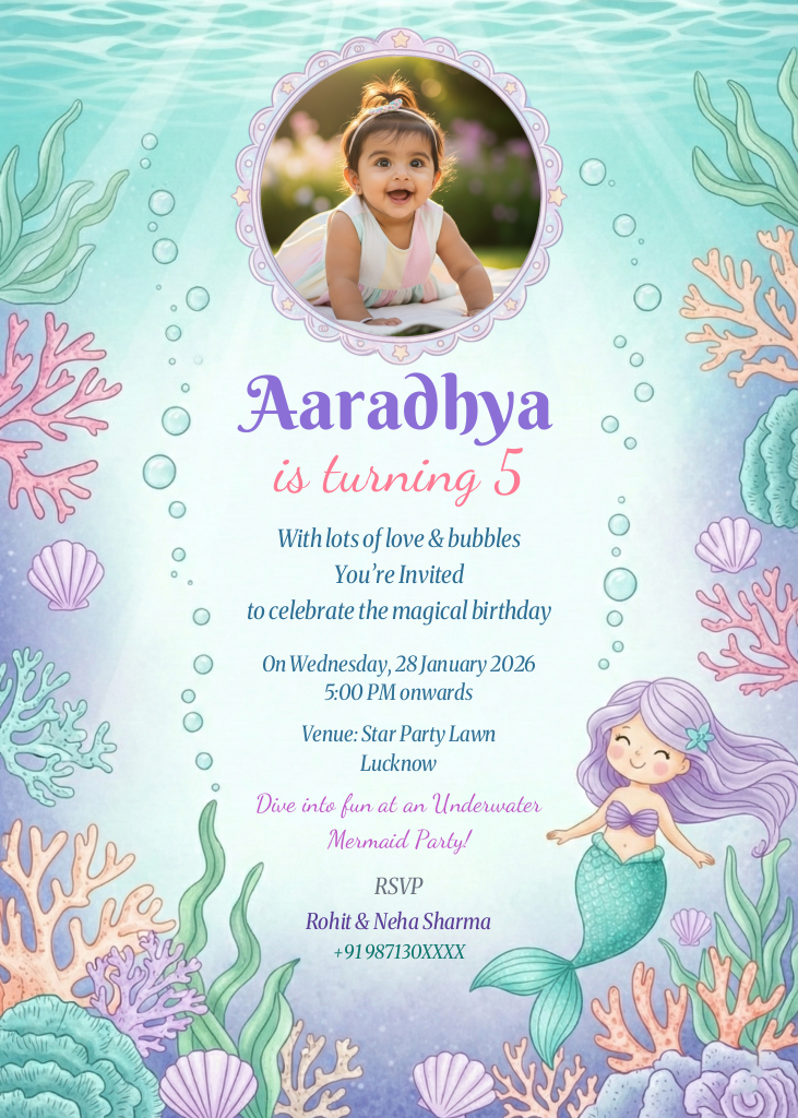 A mermaid-themed birthday invitation e-card featuring a photo placeholder at the top, a cute mermaid illustration, and underwater elements like coral and bubbles.