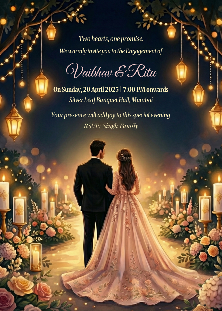 An elegant engagement invitation e-card featuring a couple, glowing lanterns, floral arrangements, and candles.