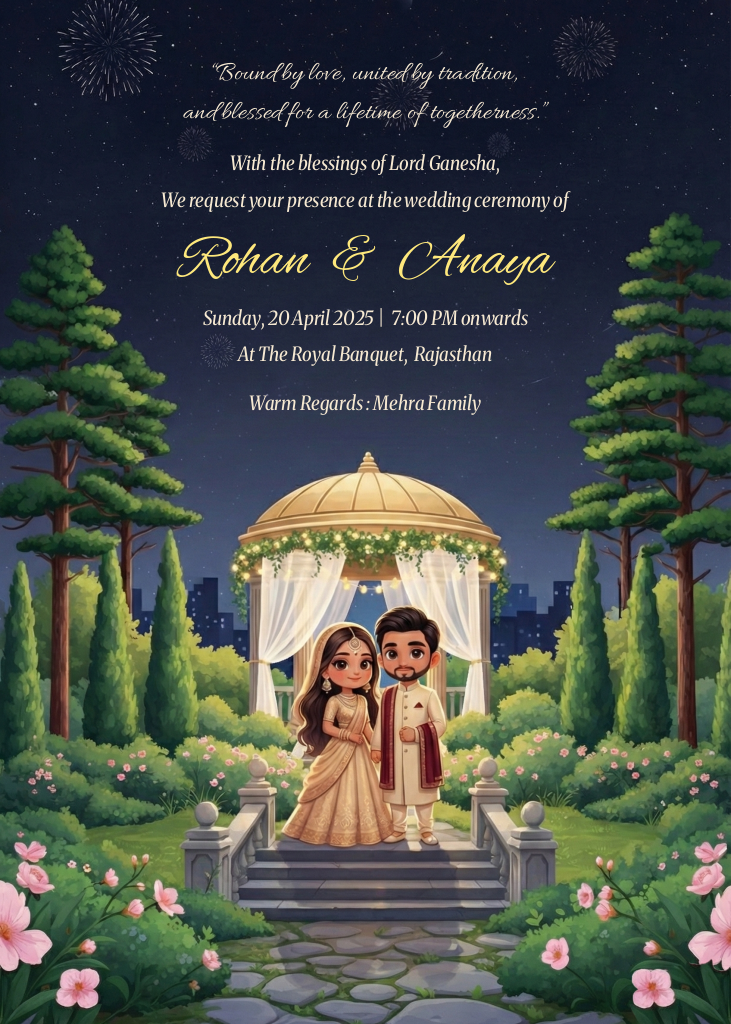 A charming wedding invitation e-card with a cartoon couple, fireworks, and a beautiful garden setting at night.