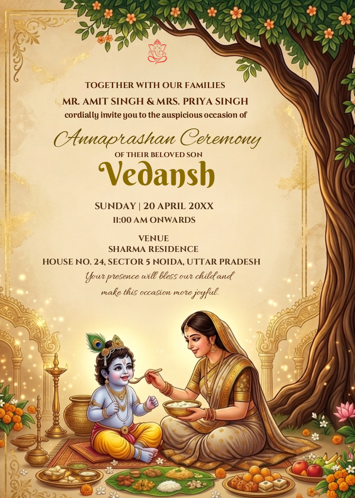 A traditional Annaprashan invitation e-card GFX263597 featuring a divine illustration of Yashoda feeding Little Krishna under a flowering tree with sweets and diyas.
