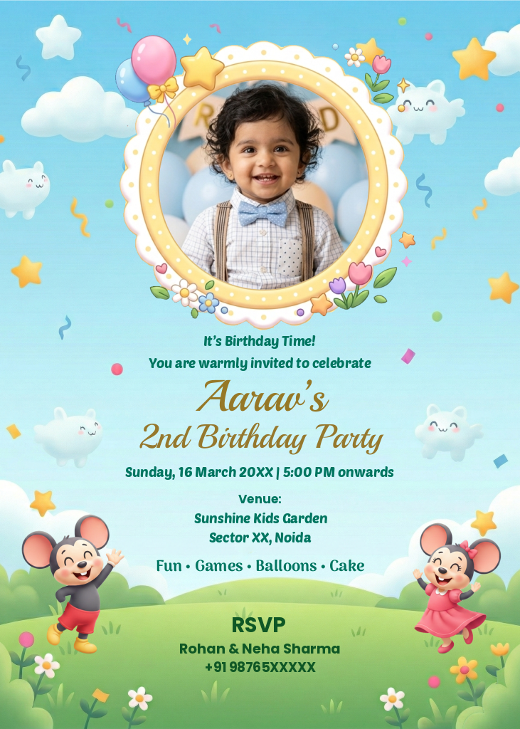 A whimsical 2nd birthday e-card featuring a photo of a toddler boy, cartoon mice characters in a green meadow, and smiling clouds in a blue sky.