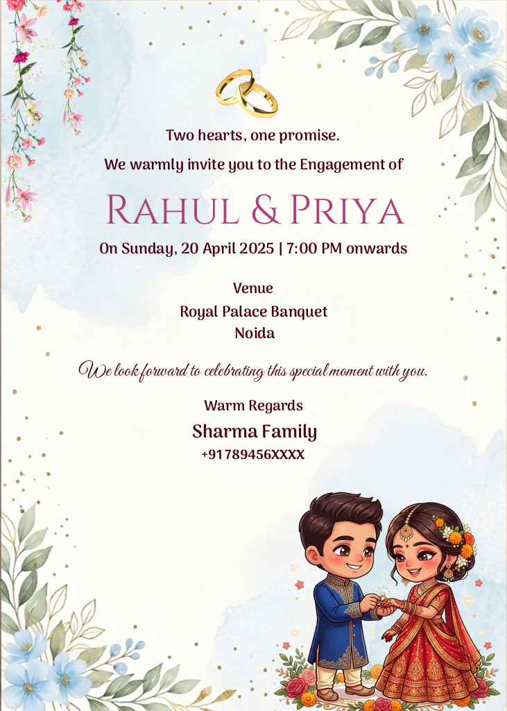 A digital engagement invitation featuring a cute cartoon couple in traditional Indian wedding attire, blue floral borders, and gold rings.