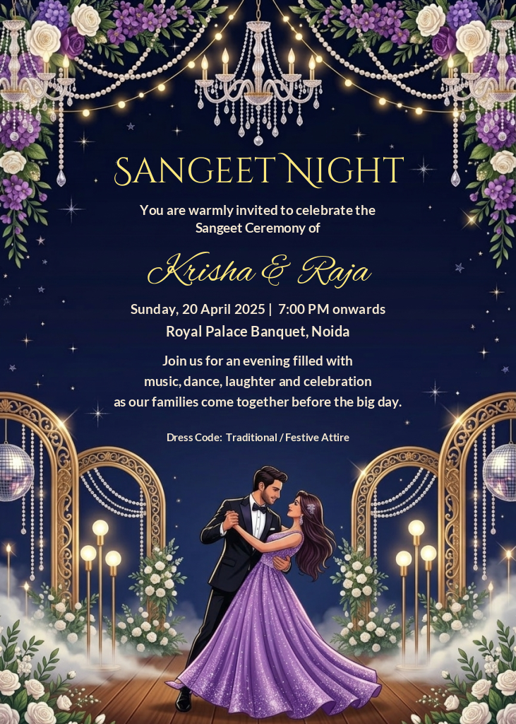 Digital Sangeet invitation featuring a couple dancing on a stage under a grand chandelier with purple flowers and golden arches.