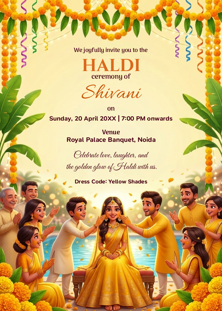 An illustrated Haldi ceremony invitation featuring a bride in yellow surrounded by family, decorated with marigold garlands and banana leaves.