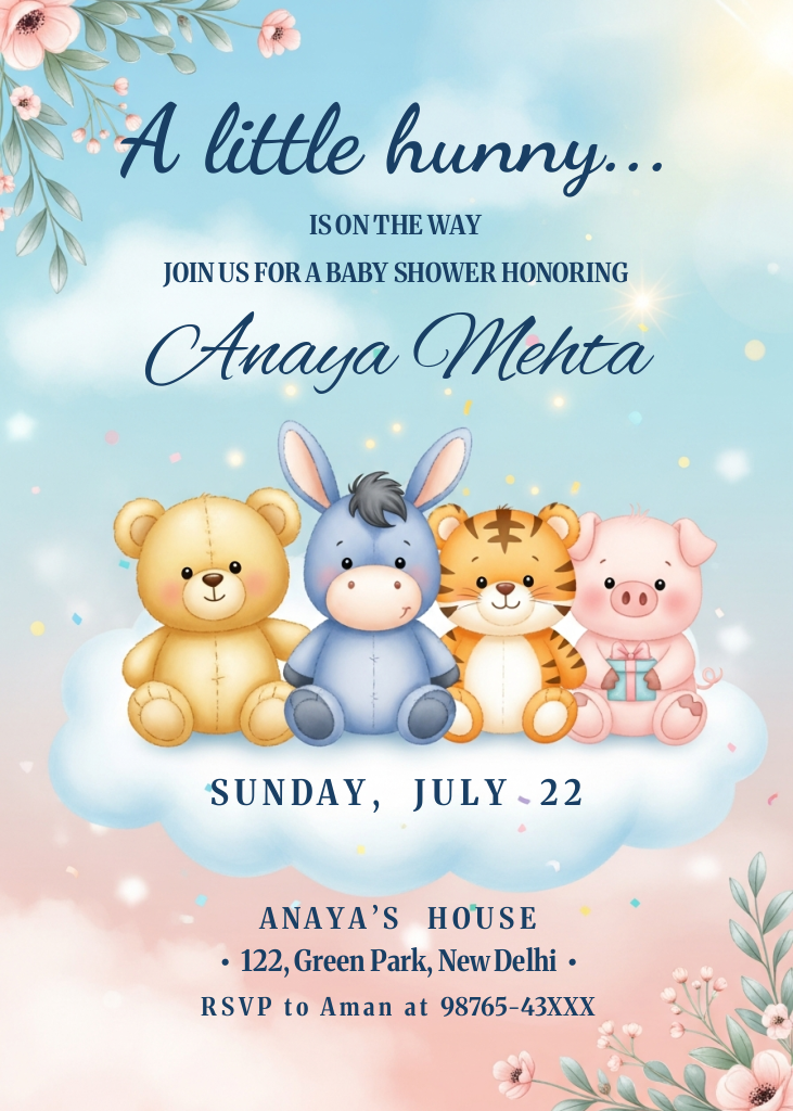 A watercolor baby shower invitation featuring a bear, donkey, tiger, and pig sitting on a cloud with floral accents and the text 'A little hunny... is on the way'.