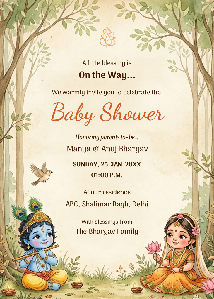 Watercolor baby shower e-card featuring traditional illustrations of little Krishna and Radha in a lush forest setting with a Ganesha icon.