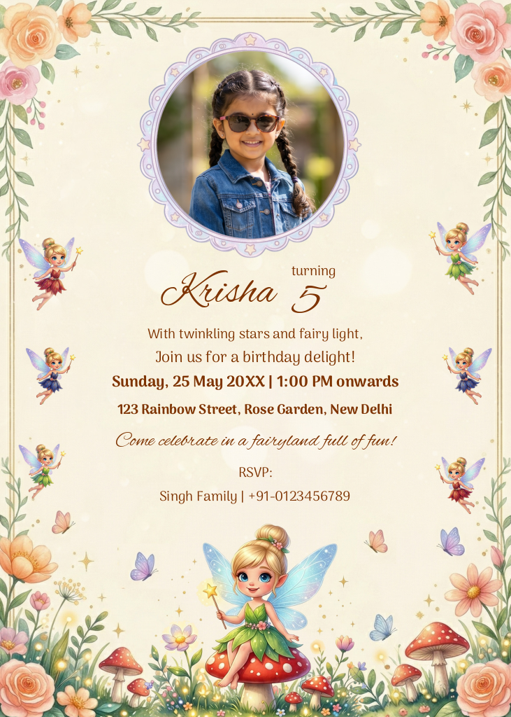 A whimsical fairy-themed birthday invitation for Krisha's 5th birthday featuring illustrated fairies, mushrooms, and a photo placeholder.