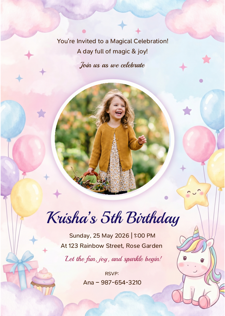A magical pastel watercolor birthday invitation for a girl featuring a unicorn, colorful balloons, stars, and a circular photo of a smiling child.