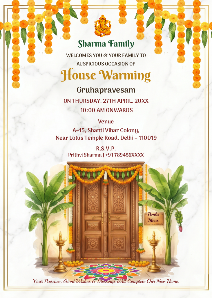 Traditional House Warming and Griha Pravesh digital invitation featuring a wooden door, marigold flowers, and Ganesha icon.