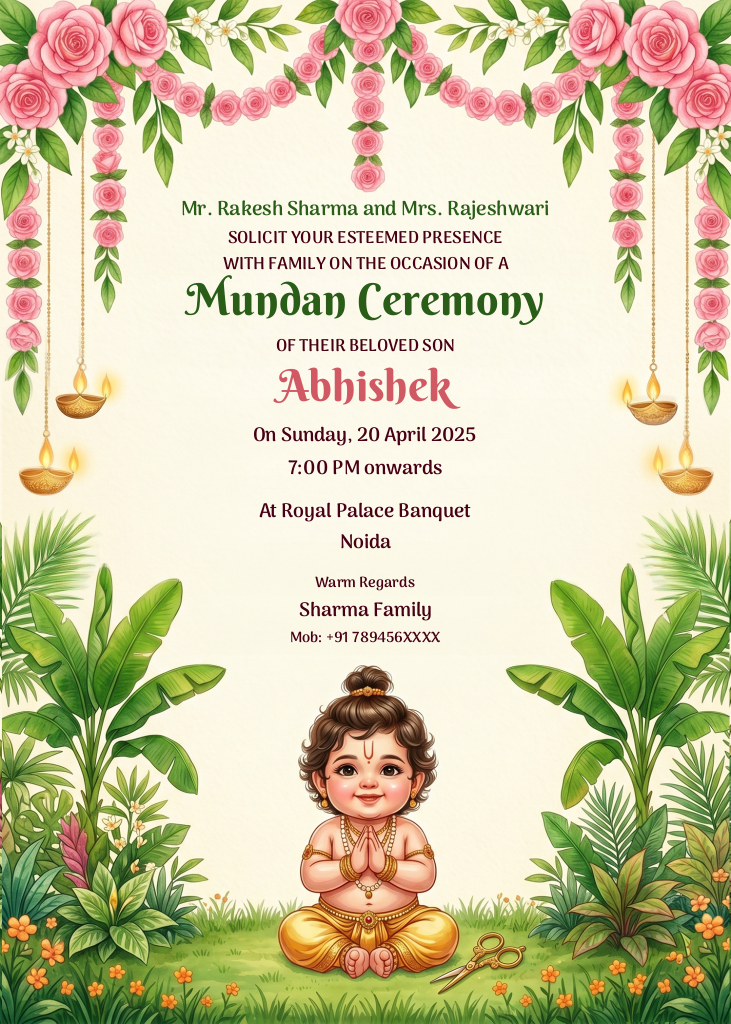Elegant Mundan ceremony invitation e-card featuring pink rose garlands, banana leaves, glowing diyas, and an adorable baby illustration.