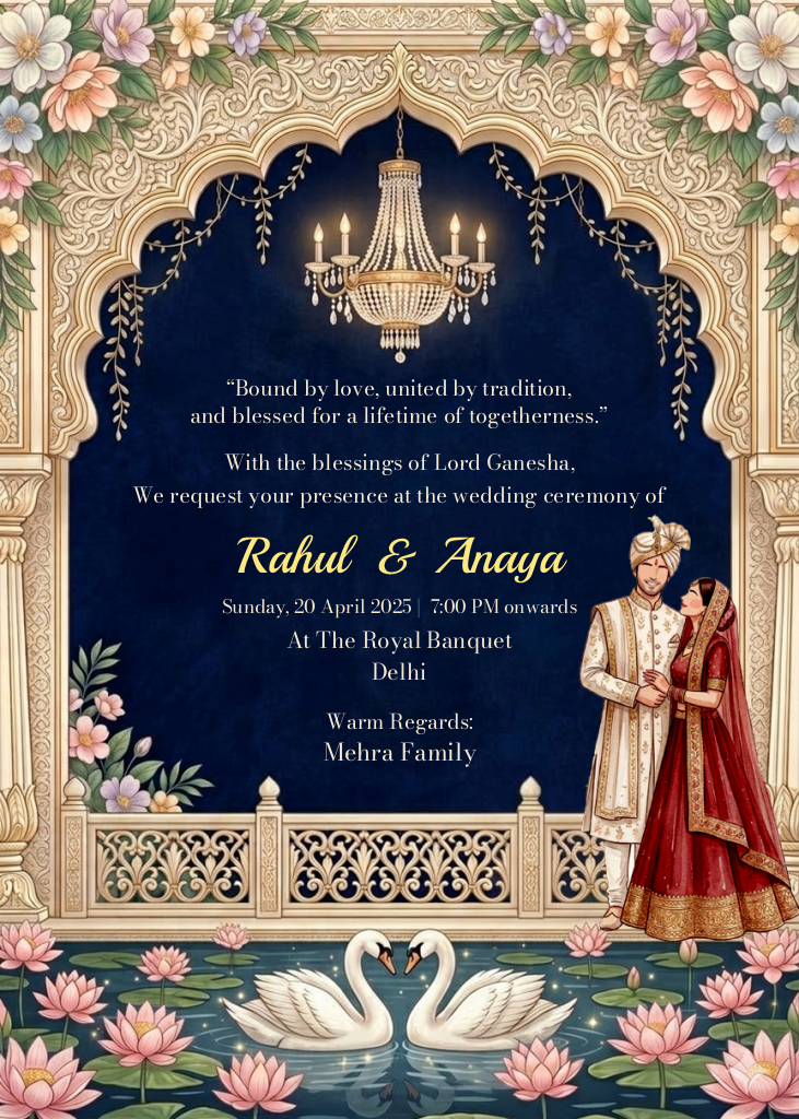A royal blue Indian wedding e-card featuring an ornate arch, a grand chandelier, a bride and groom in traditional attire, and two swans in a lotus pond.