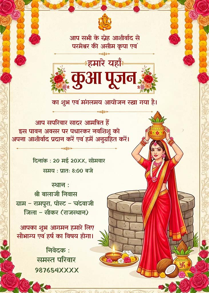 Hindi Kuan Pujan digital invitation featuring a woman carrying a kalash by a stone well with marigold garlands