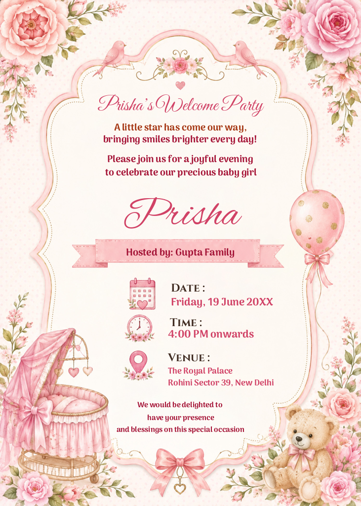 Digital baby girl welcome party invitation template with pink floral borders, a teddy bear, and an elegant vintage bassinet illustration.