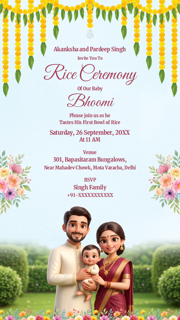 Vibrant Annaprashan Rice Ceremony digital invitation e-card with floral garlands and family illustration