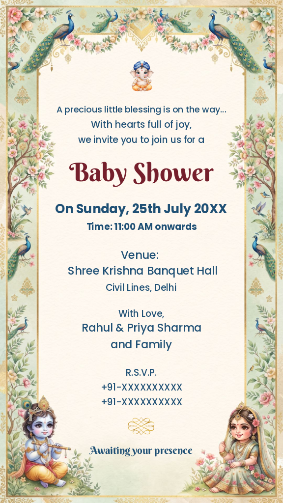 Elegant baby shower digital invitation featuring peacock borders and traditional illustrations with placeholder event text.