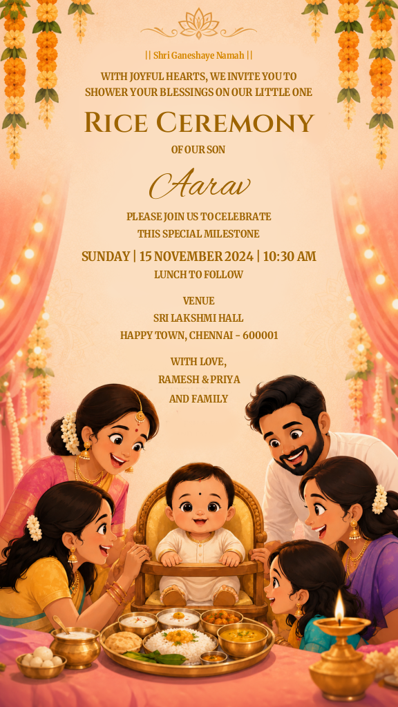 Digital Rice Ceremony invitation template featuring a joyful family illustration with traditional marigold decorations.