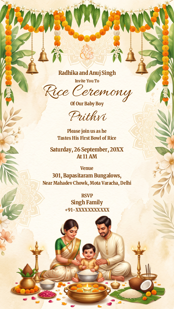 Traditional Rice Ceremony invitation e-card featuring marigold garlands and cultural motifs