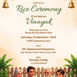 Annaprashan digital invitation featuring a family illustration and hanging brass bells