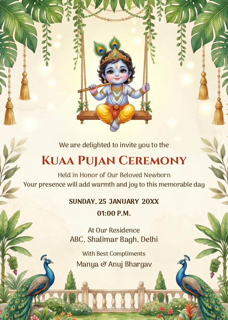 Kuan Pujan ceremony invitation e-card featuring an illustration of Little Krishna and peacock motifs