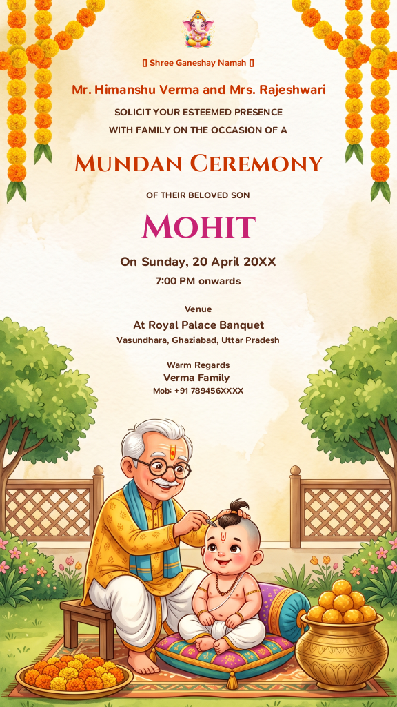 Mundan Ceremony digital invitation featuring an illustration of a Pandit Ji and baby with marigold garlands