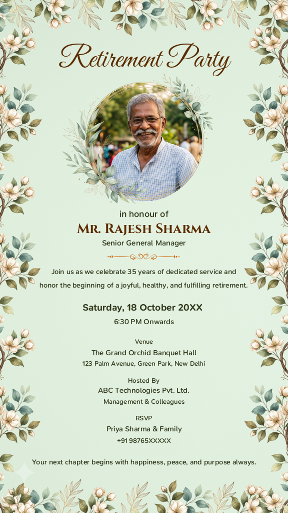 Elegant retirement party invitation design featuring a soft mint green background, delicate floral border, and a circular photo placeholder.